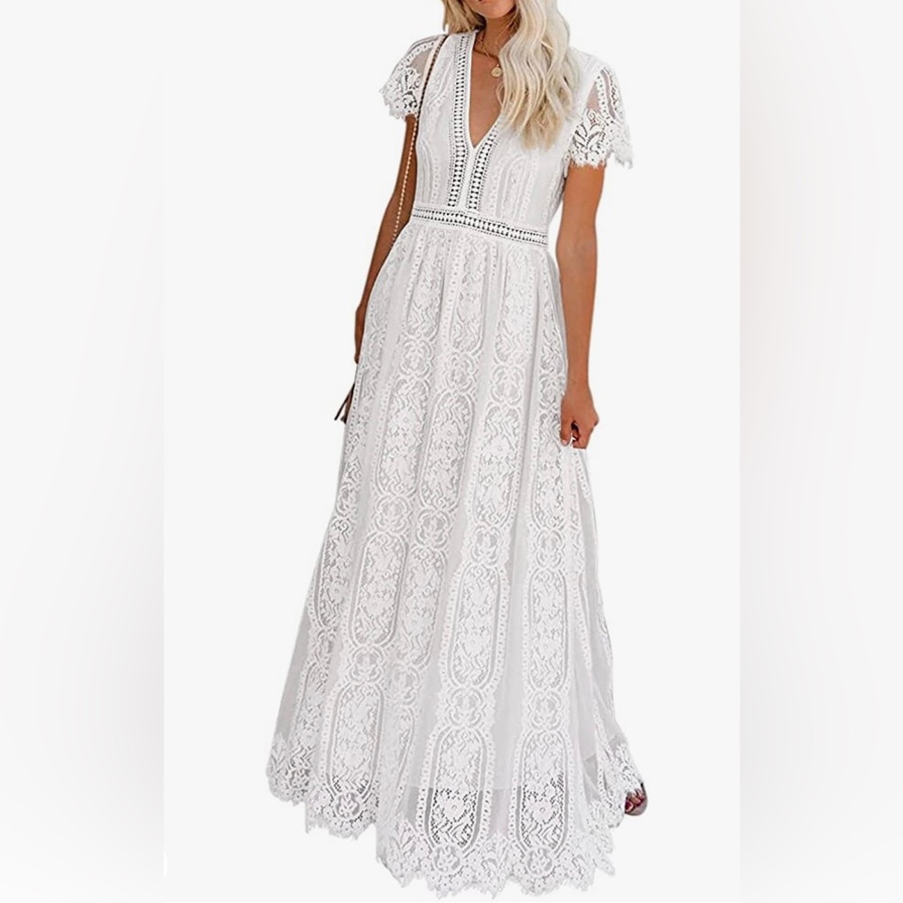Elegant white lace boho maxi dress, size L